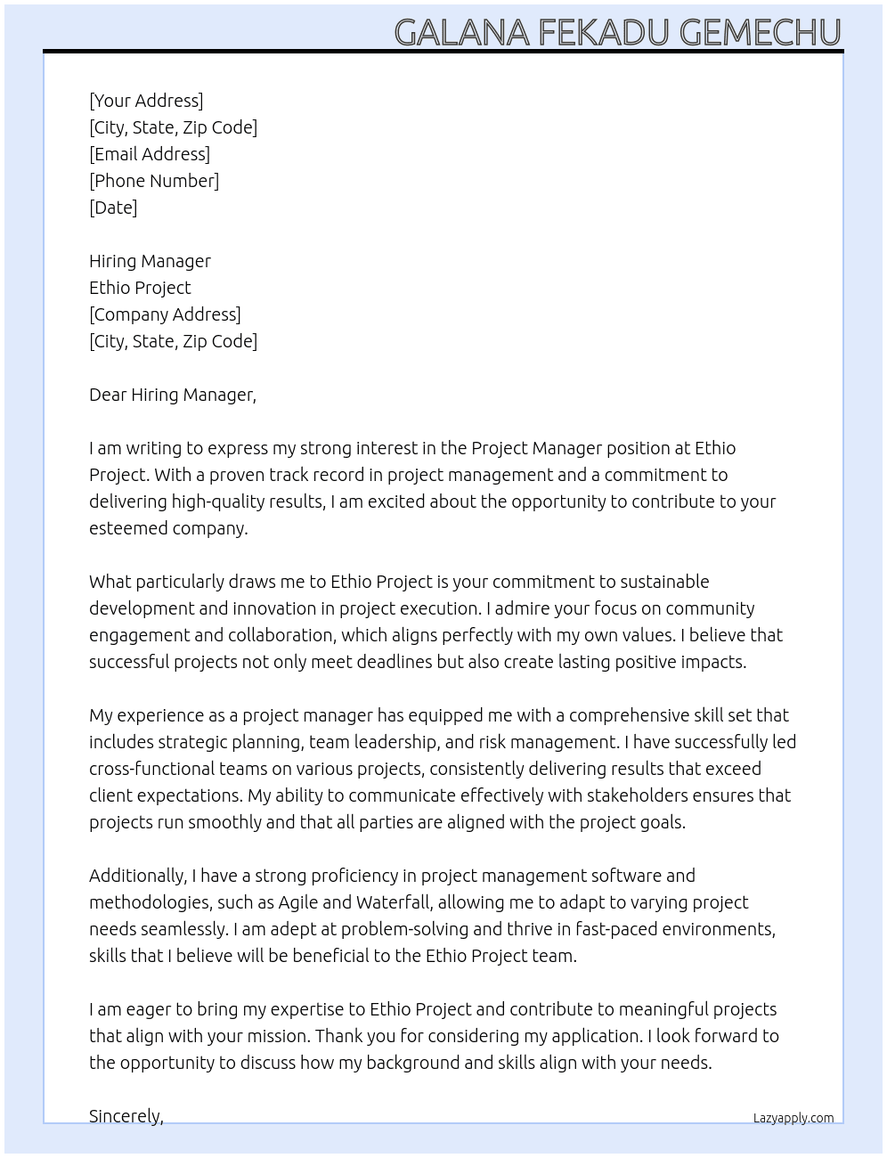 Project manager At Ethio project Cover Letter