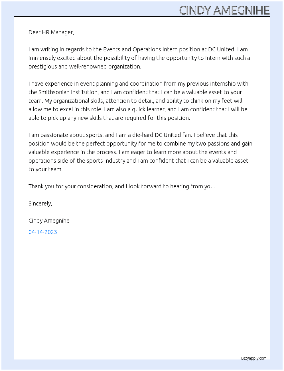 Events and Operations Intern At DC United Cover Letter