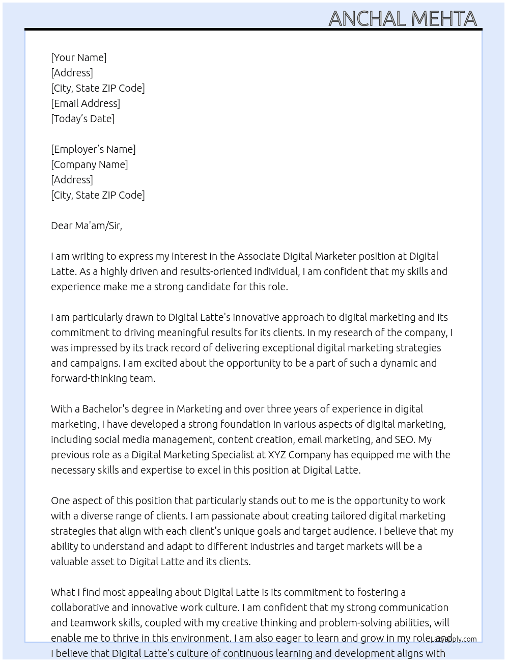 associate digital marketer  At digital latte  Cover Letter