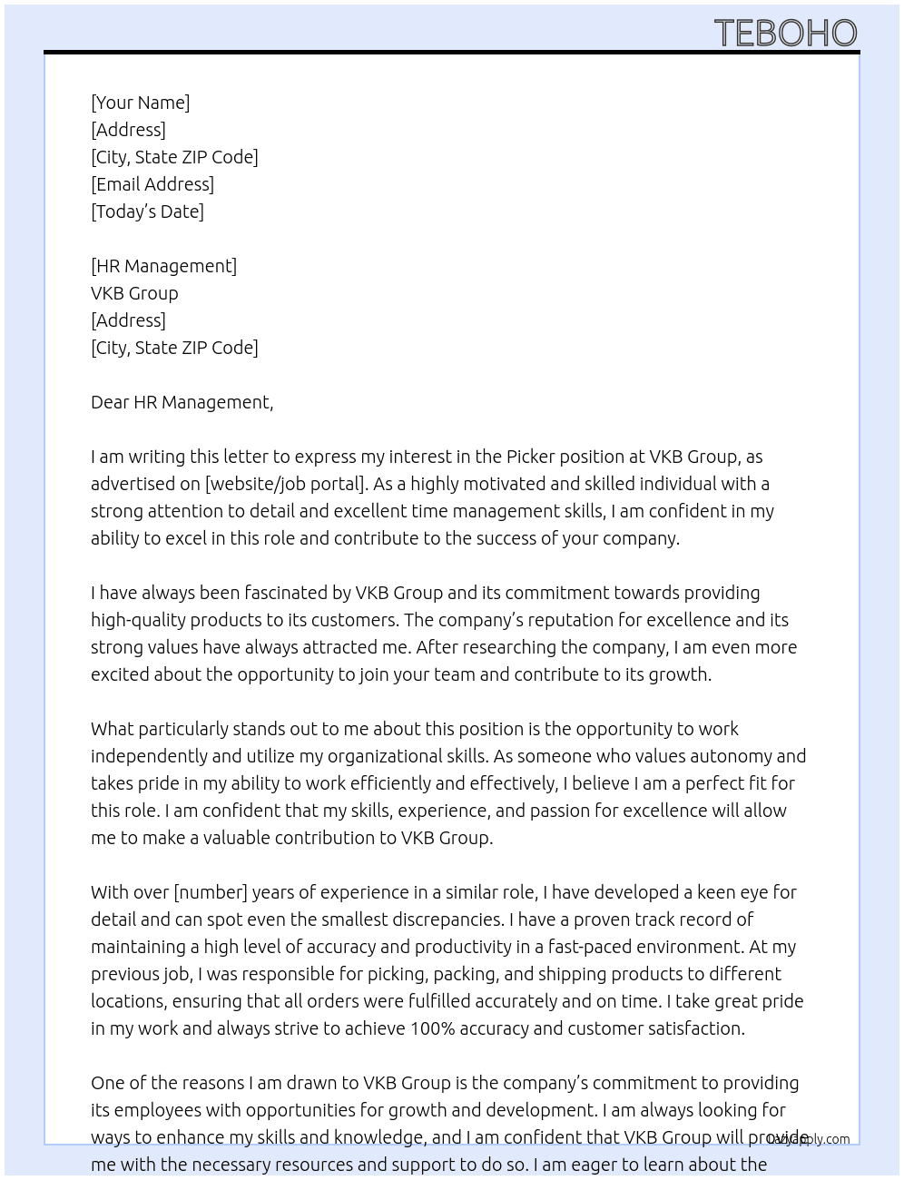 Picker At VKB GROUP  Cover Letter
