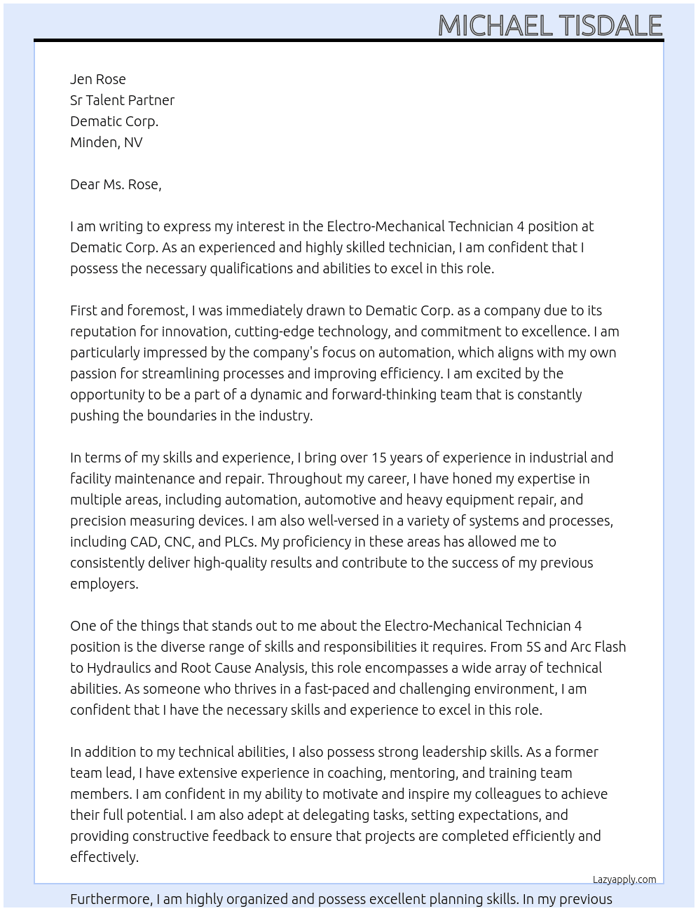 Electro-Mechanical Technician 4 At Dematic Corp. Cover Letter