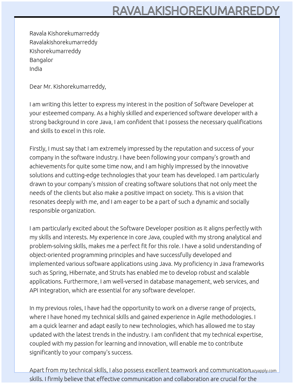 software developer At Kishorekumarreddy Cover Letter