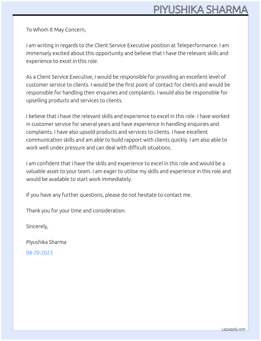 Client Service Executive At Teleperformance Cover Letter