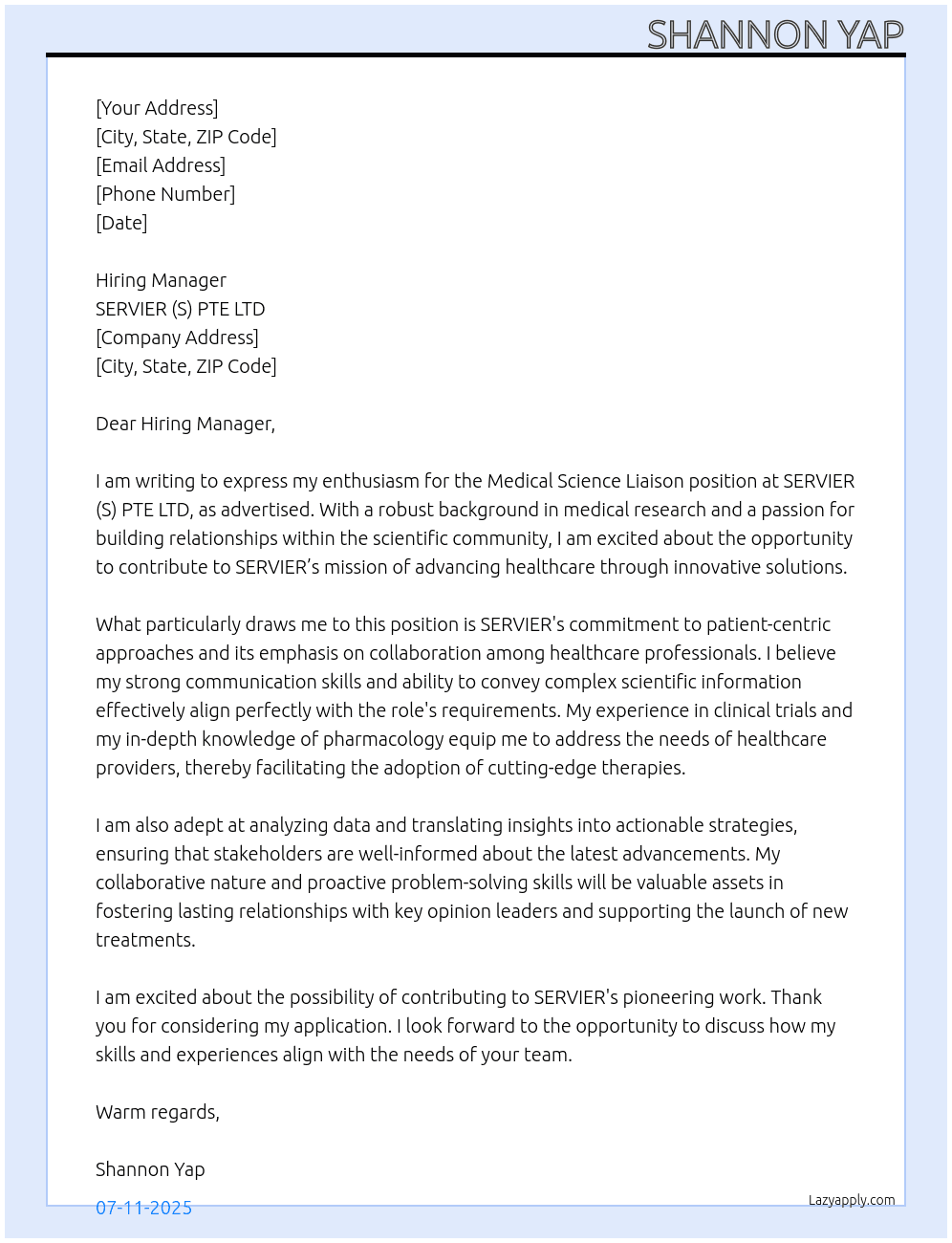 Cover letter for medical science liason - LazyApply