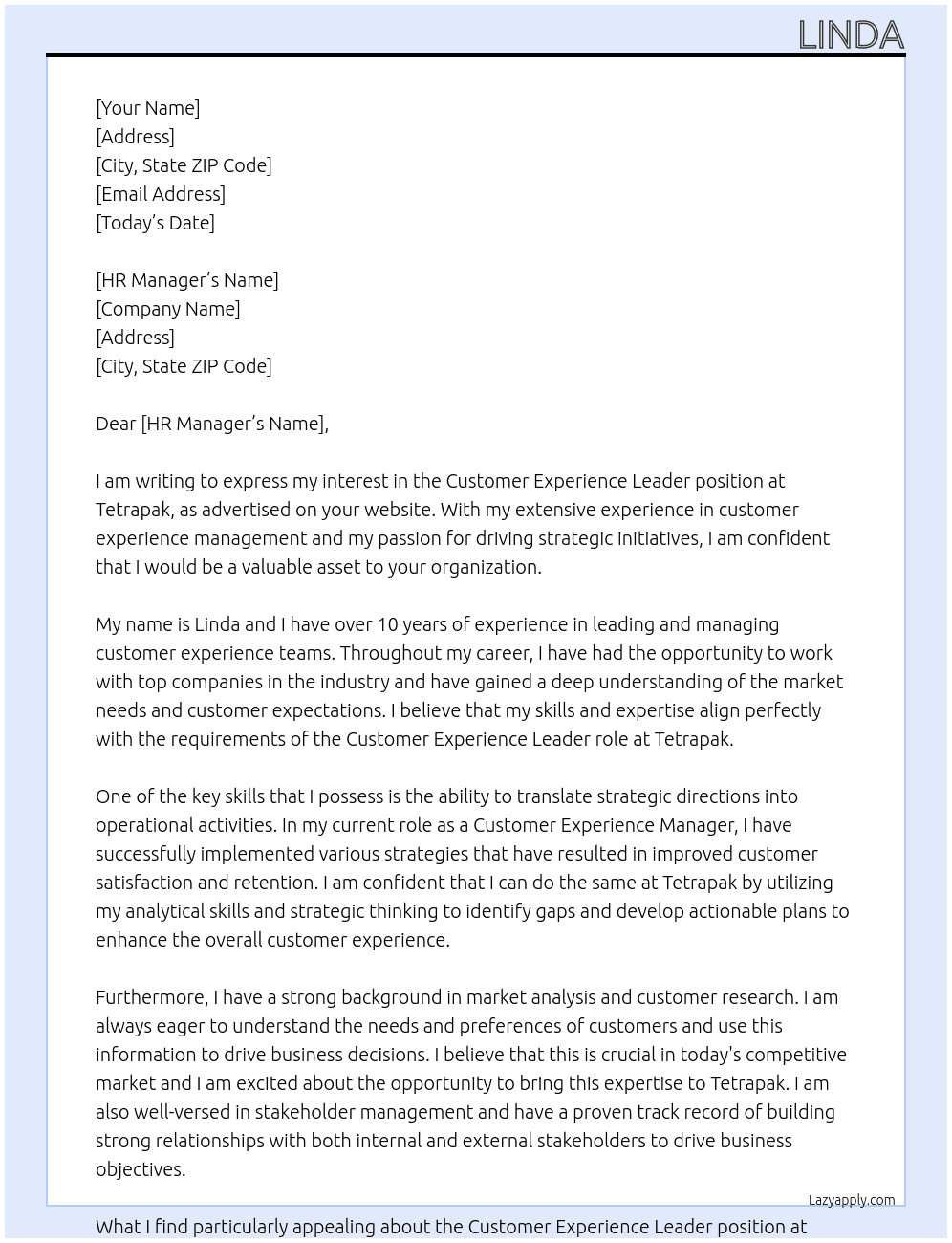 Cover letter for customer experience leader - LazyApply