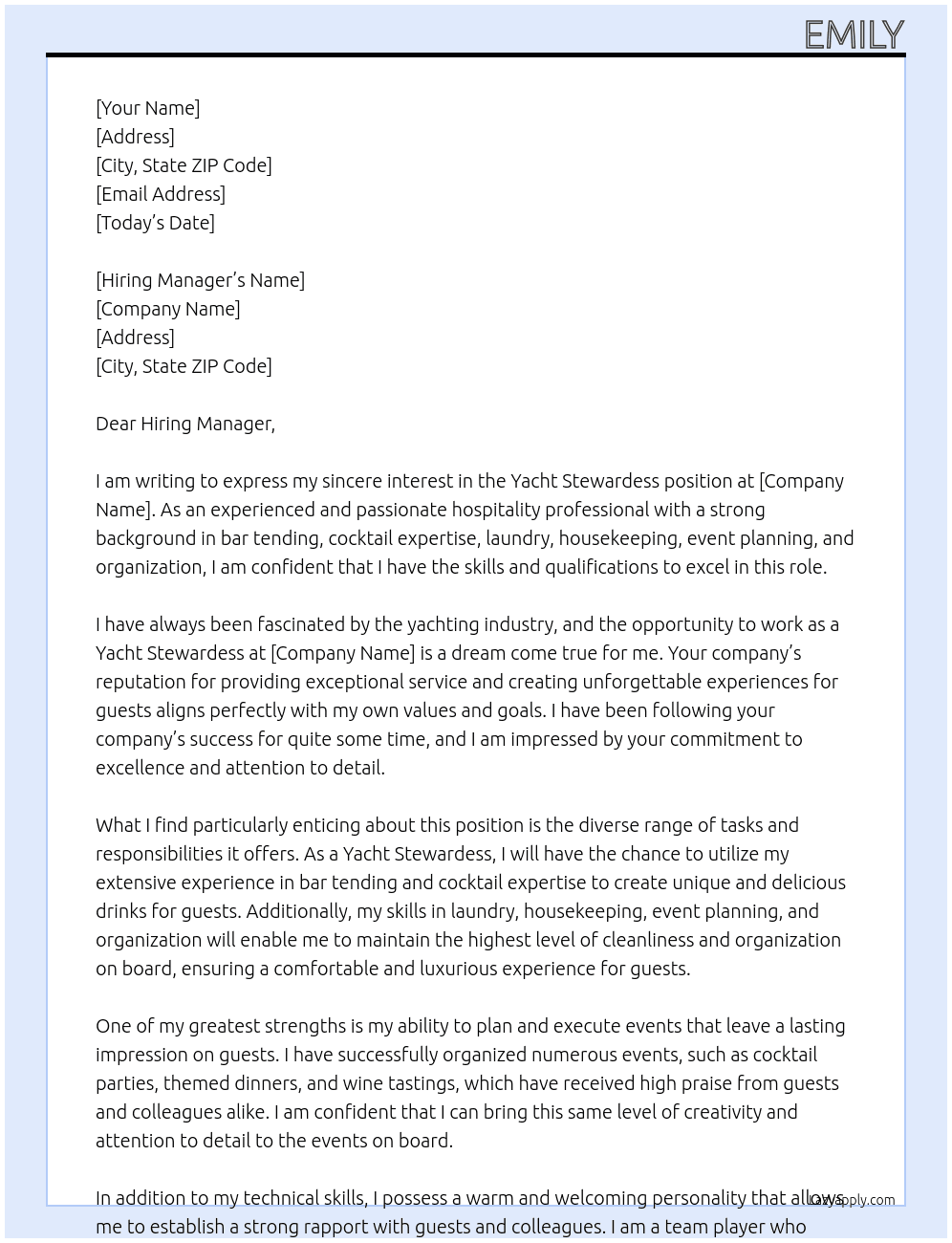 Yacht Stewardess At Yacht Cover Letter