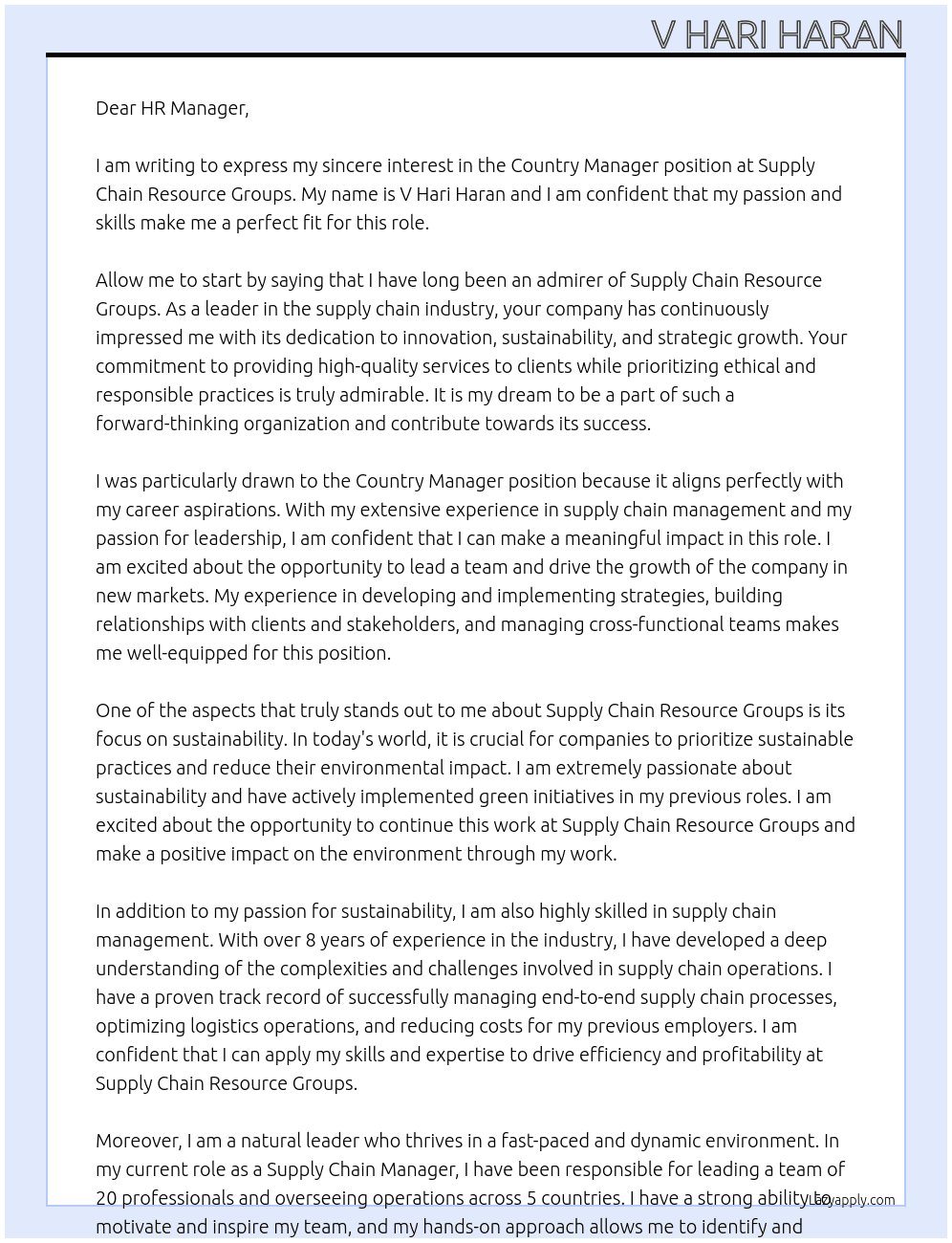 Country Manager At Supply chain resource Groups  Cover Letter