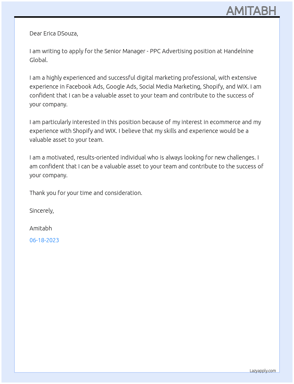 Senior Manager - PPC Advertising At  Handelnine Global Cover Letter