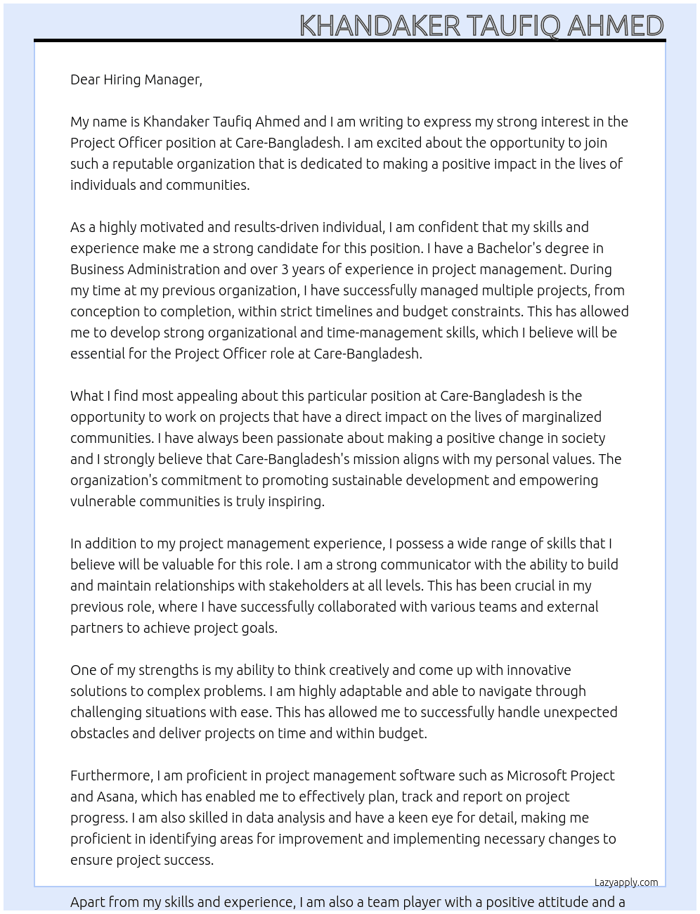 Project Officer At Care- Bangladesh Cover Letter