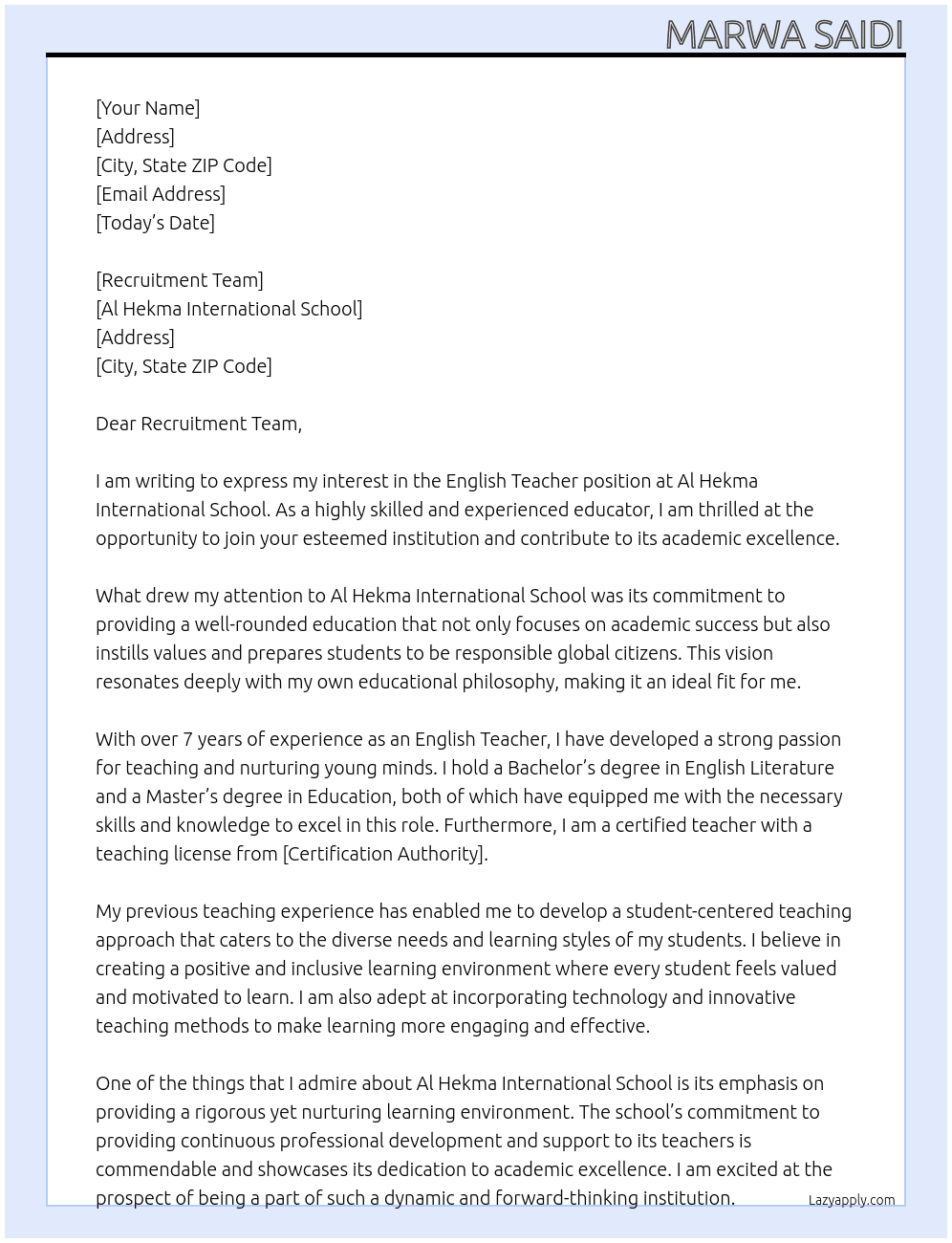 English Teacher At Al Hekma International School Cover Letter