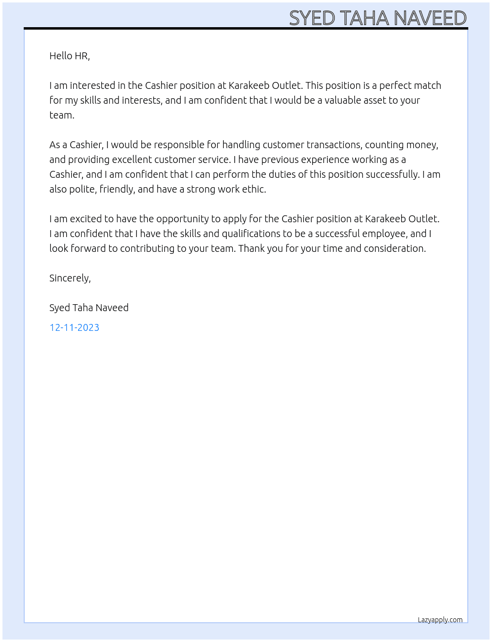 Cashier At Karakeeb Outlet Cover Letter