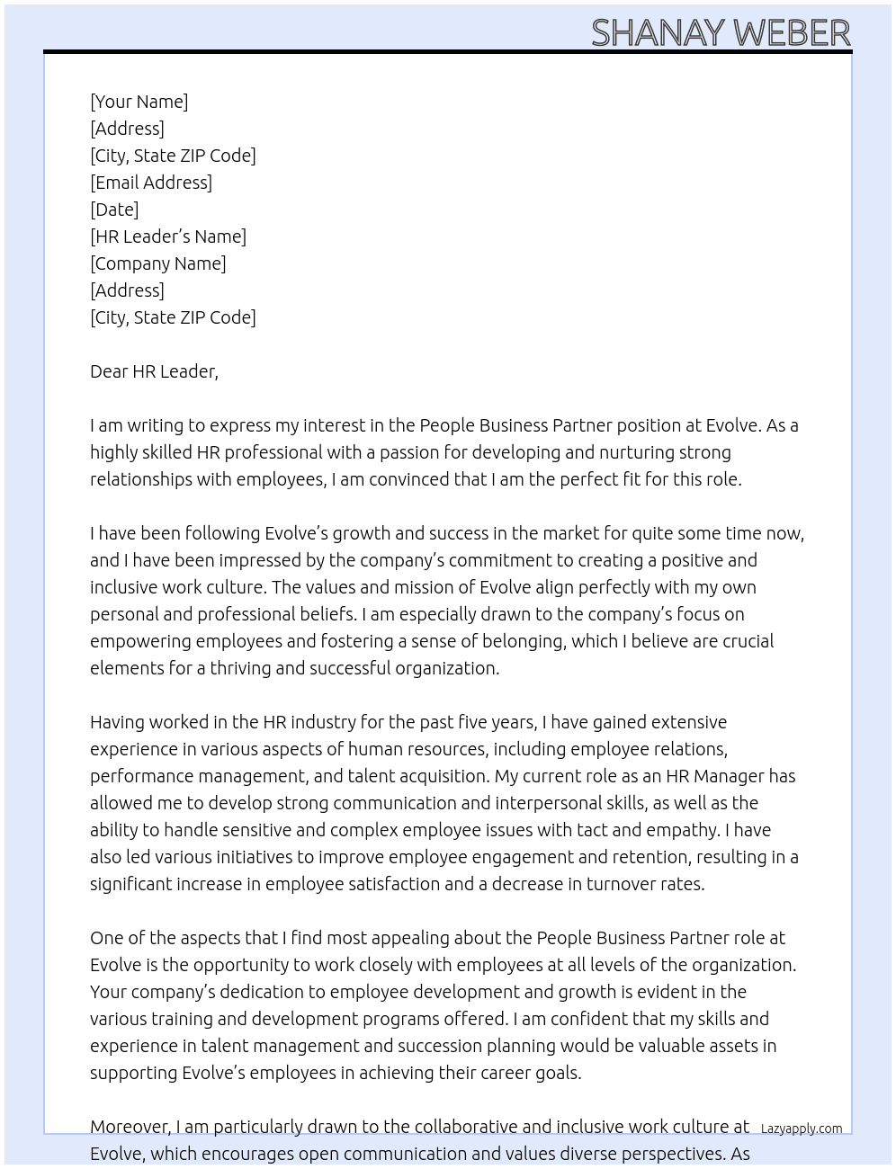 People Business Partner At Evolve Cover Letter