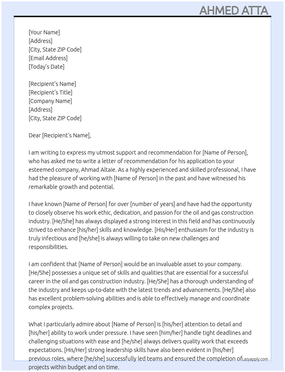 oil and gas construction company At Ahmad Altaie Cover Letter