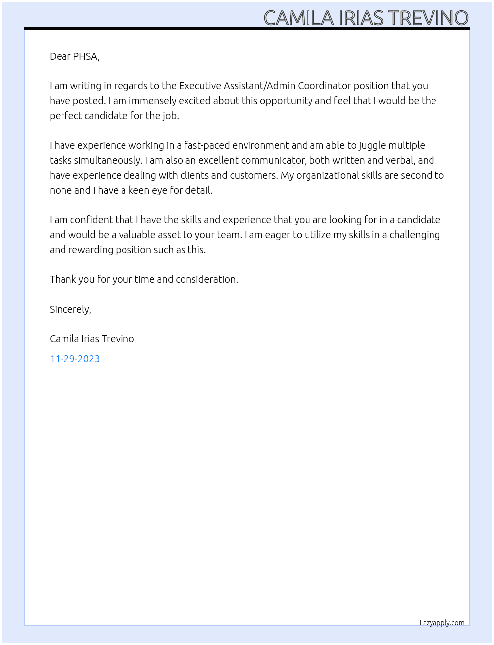 Executive Assistant/Admin Coordinator At Provincial Health Services Authority Cover Letter