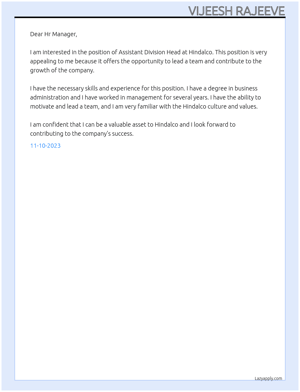 Assistant Divion Head At Hindalco Cover Letter