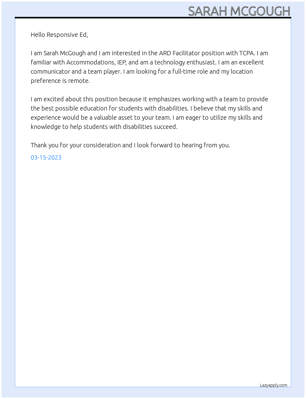 ARD Facilitator  At TCPA Cover Letter