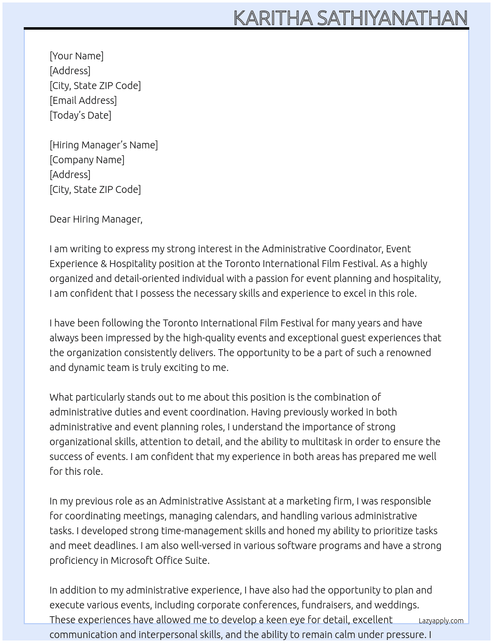 Cover letter for administrative coordinator, event experience & hospitality - LazyApply