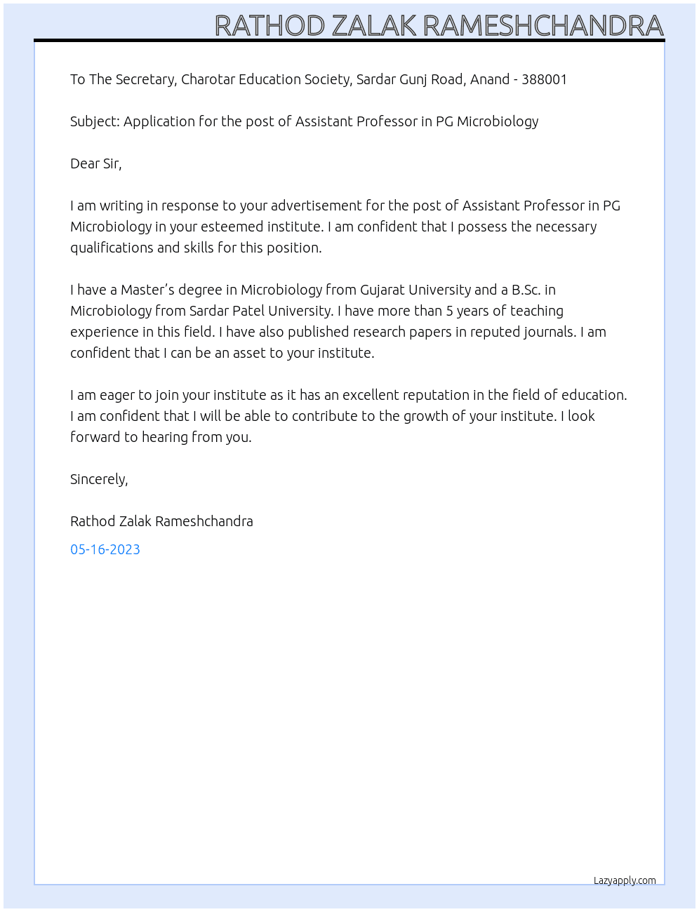 Assistant professor in PG Microbiology At Shree Alpesh N. Patel Postgraduate Institute of Science and Research Cover Letter
