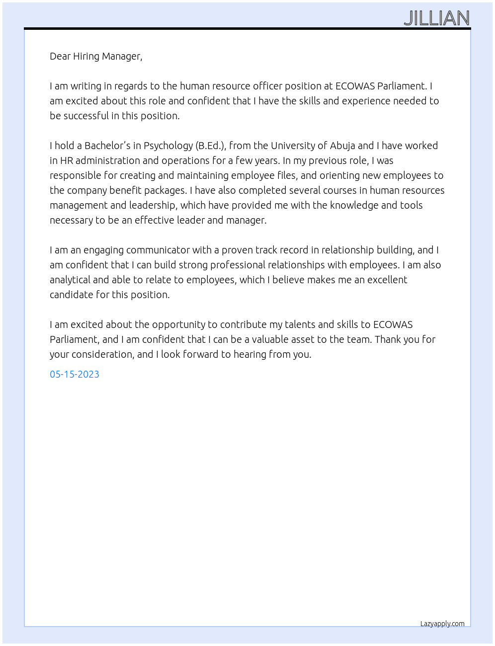 human resource officer At ECOWAS PARLIMENT Cover Letter