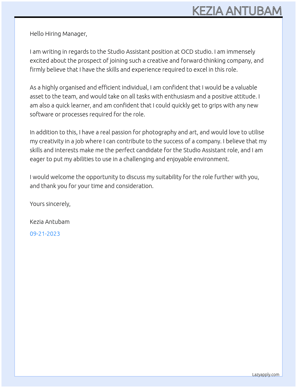 Studio Assistant At OCD studio Cover Letter
