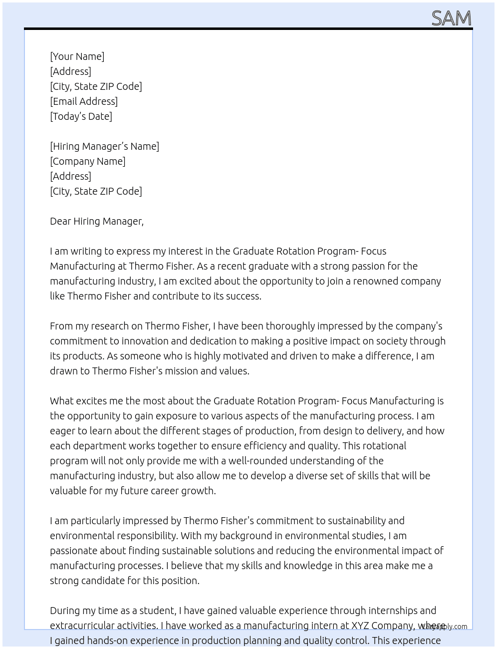 Graduate Rotation Program- Focus Manufacturing At Thermo Fisher Cover Letter