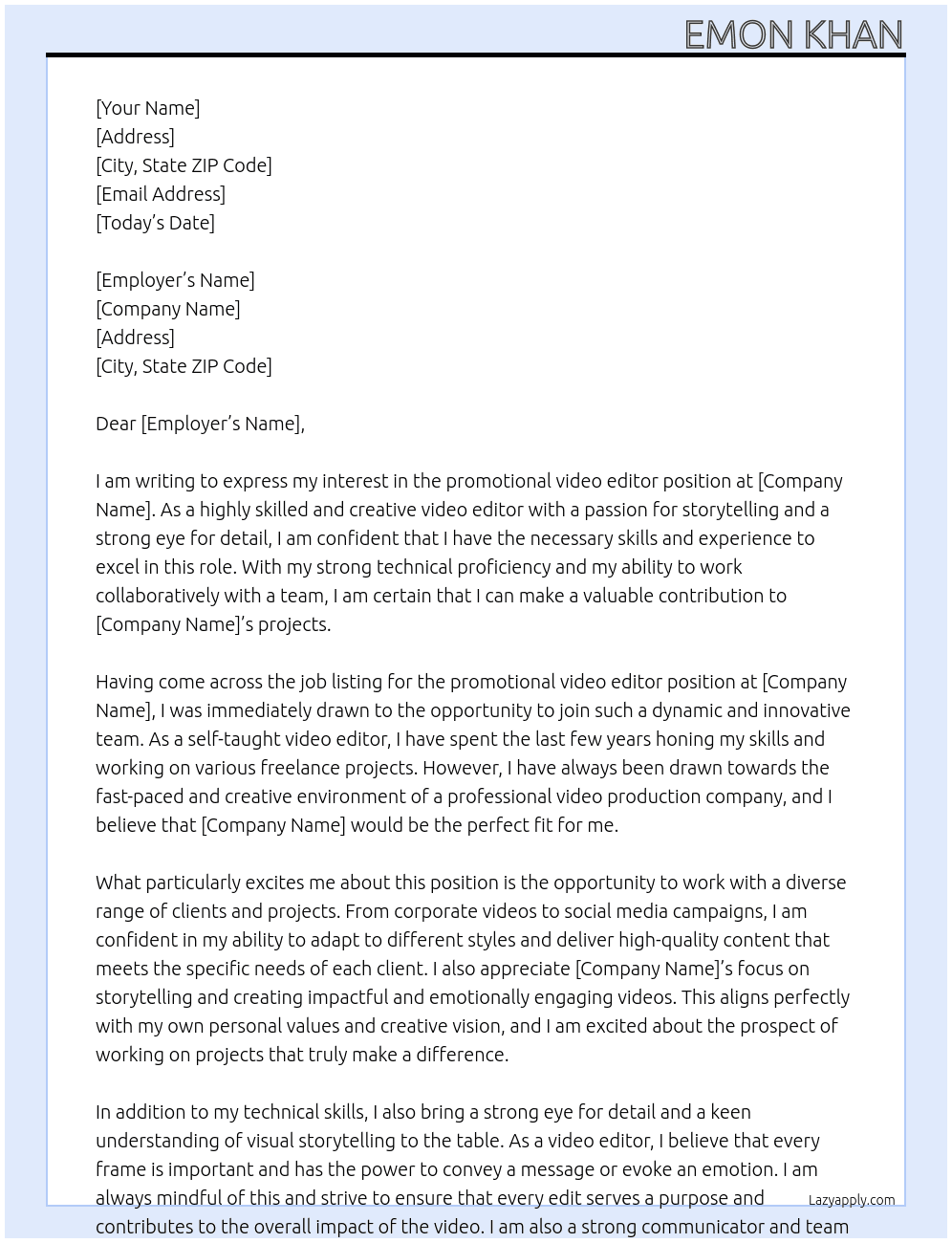 promotional video editor At k9-emon Cover Letter