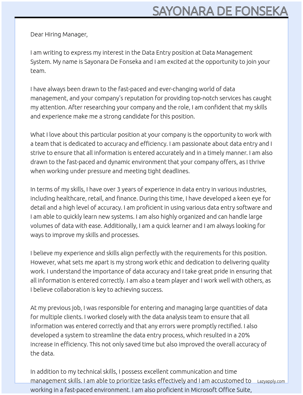 Data entry At data management system Cover Letter