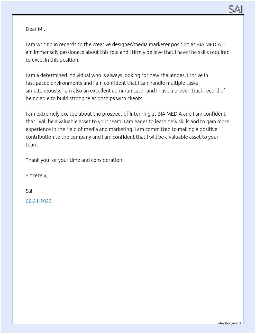 Creative designer/media marketer At BIA MEDIA Cover Letter