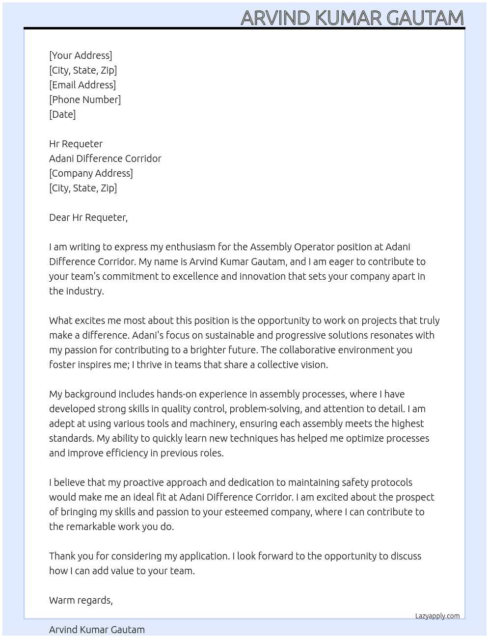 Assembly opretor  At Adani Difference corridor  Cover Letter