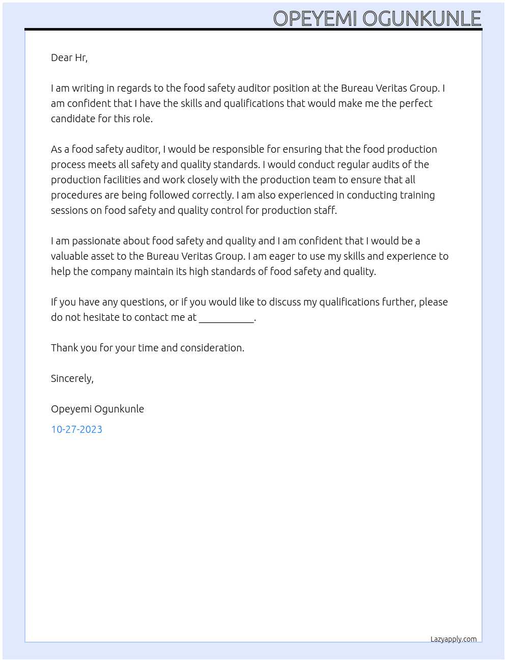 food safety auditor At Bureau Veritas Group Cover Letter