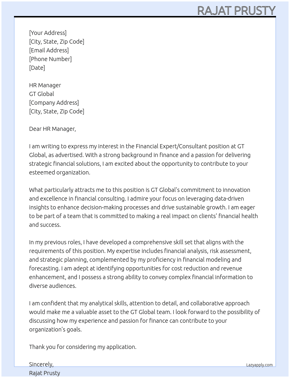 Financial Expert/ Consultant  At GT global  Cover Letter