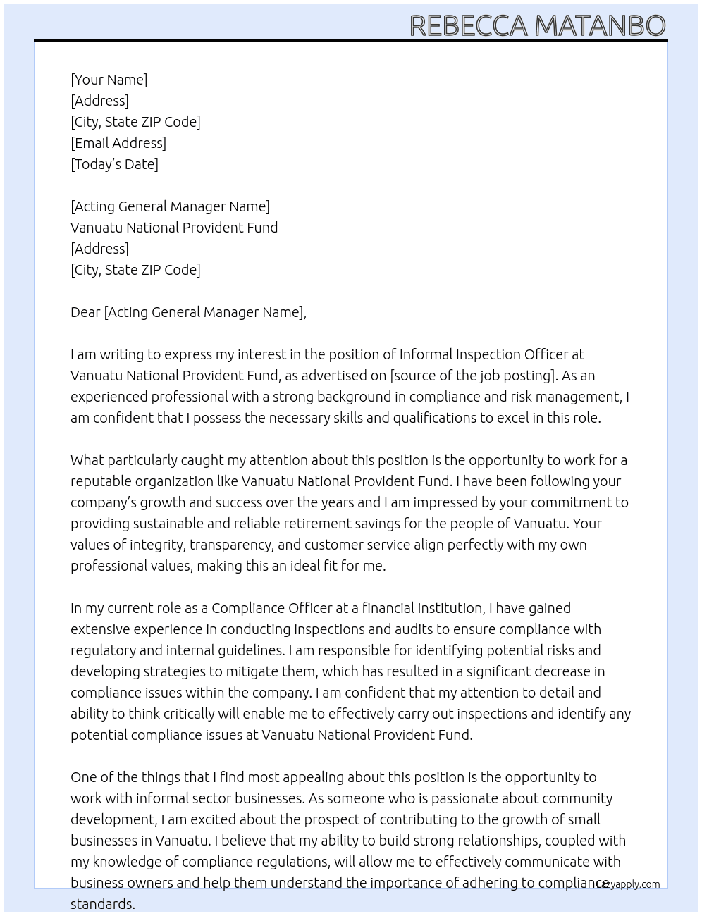 Informal Inspection officer At Vanuatu National Provident Fund Cover Letter