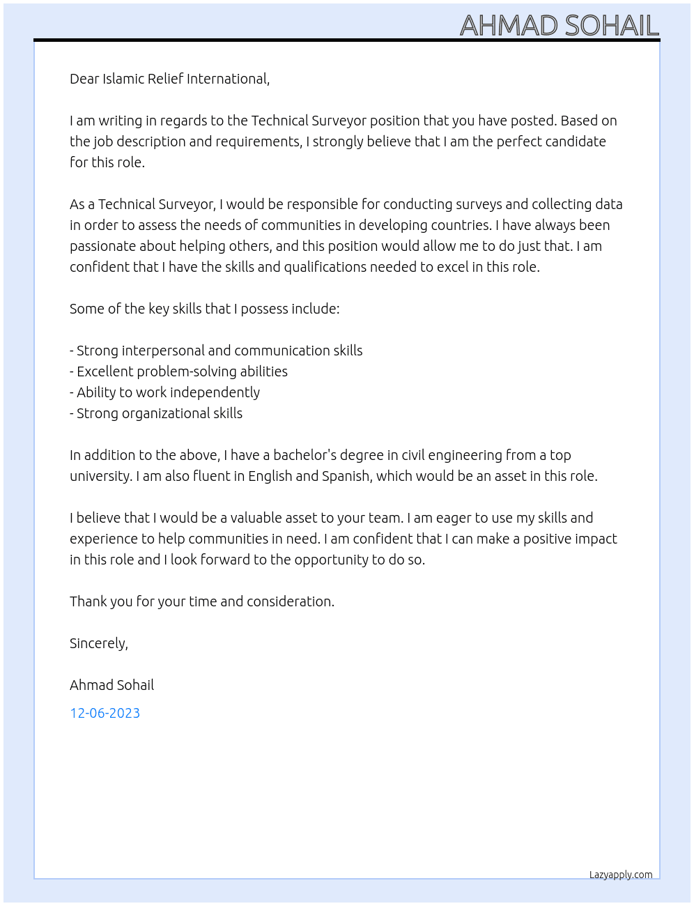 Technical Surveyor At Islamic Relief International Cover Letter