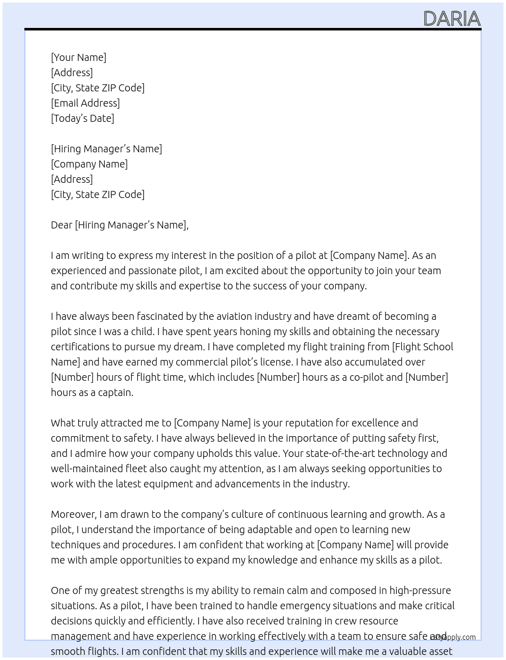 pilot At airline Cover Letter