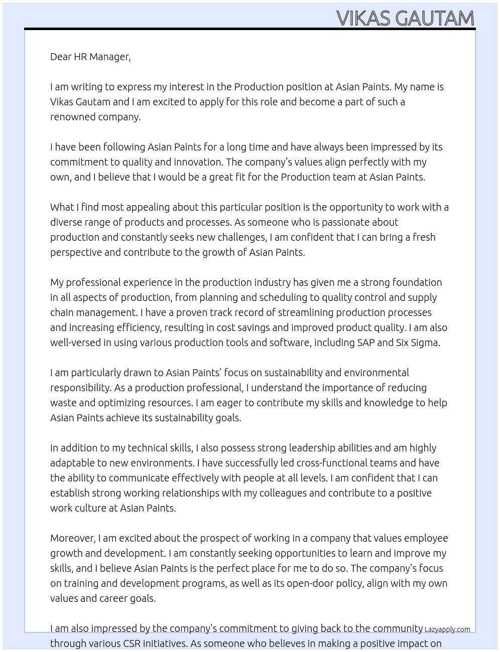 Production At Asian paints Cover Letter