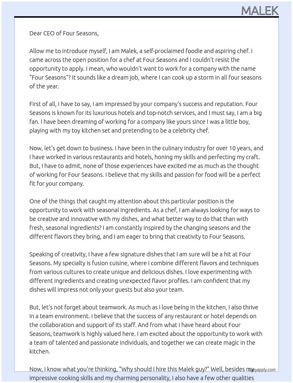 chef At four seasons Cover Letter