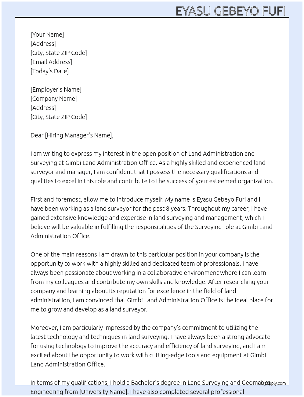 Land administration and surveying  At Gimbi land administration office  Cover Letter