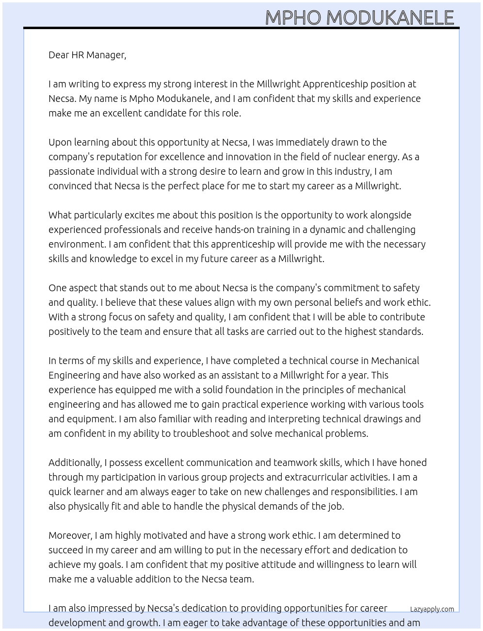 Millwright apprenticeship  At Necsa Cover Letter