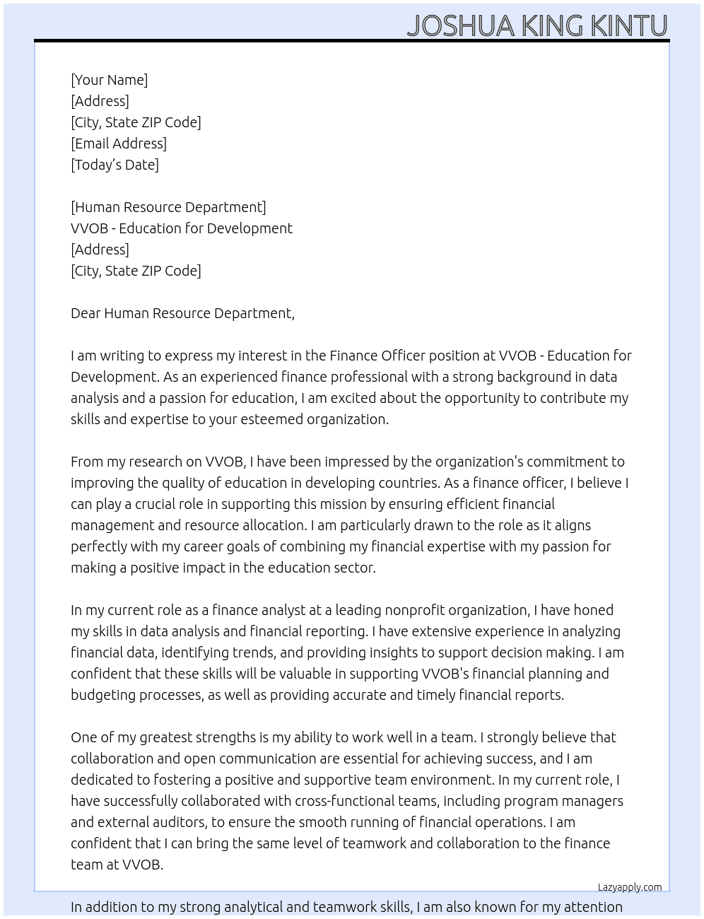 finance officer At VVOB - education for development Cover Letter