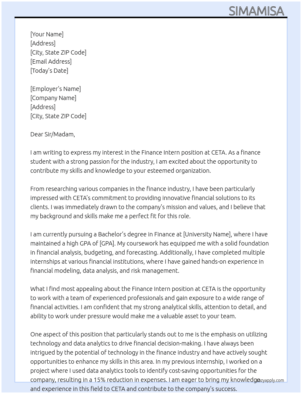 Finance intern  At CETA Cover Letter