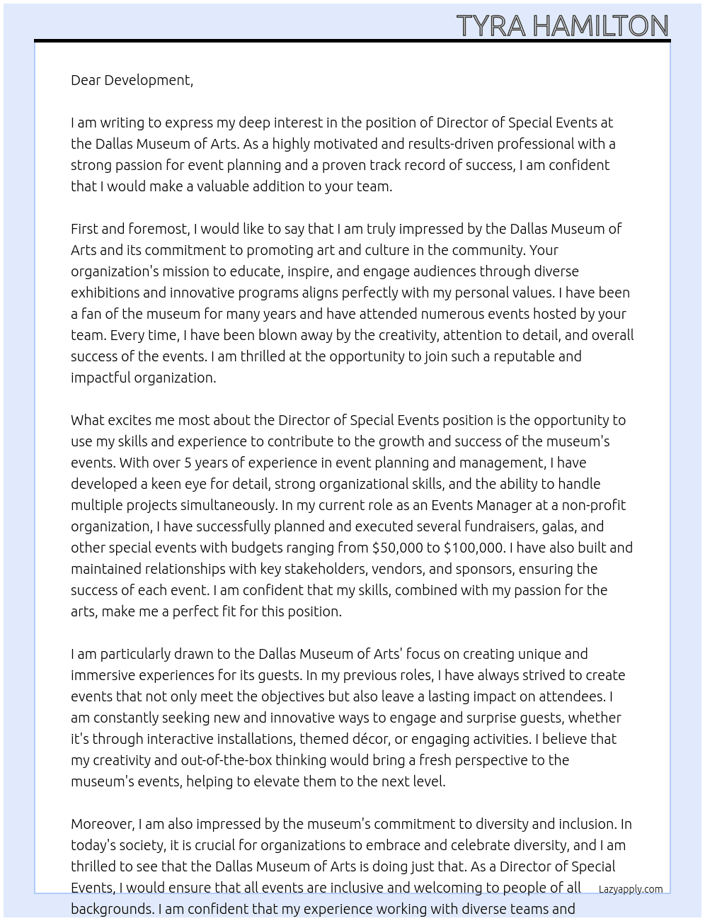 DIRECTOR of special events At Dallas museum of arts Cover Letter