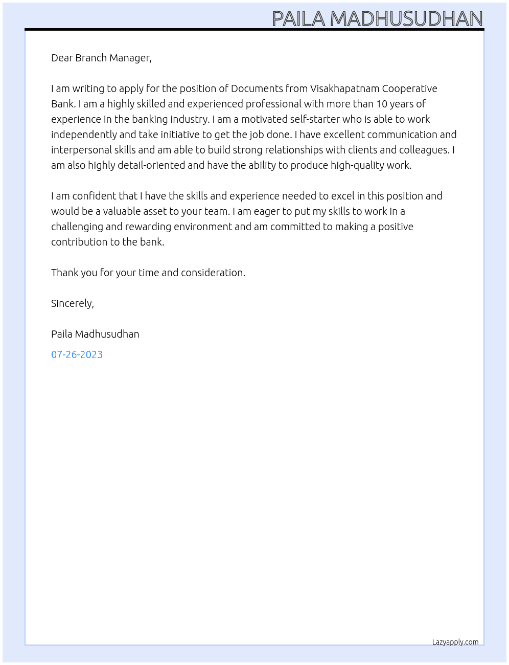 Documents from Visakhapatnam co operative bank At Documents from bank Cover Letter
