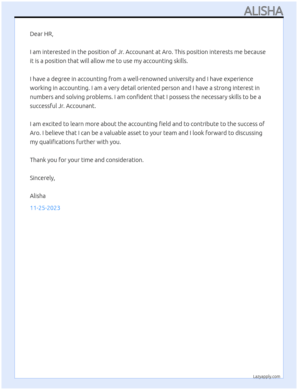 Jr. Accounant At Aro Cover Letter