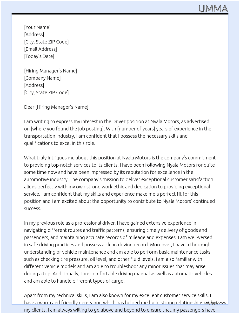 Driver  At Nyala motors  Cover Letter