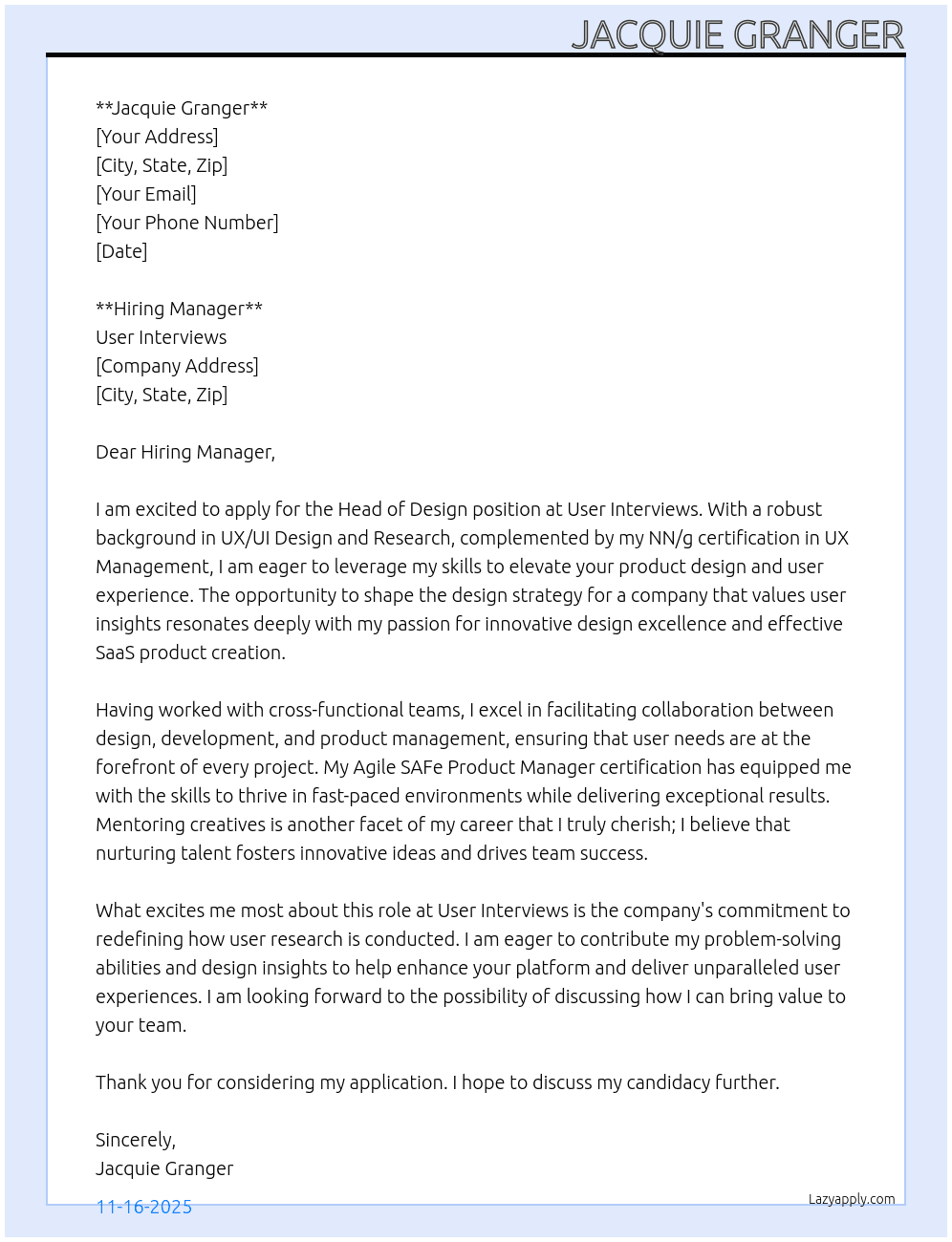 Cover letter for head of design - LazyApply