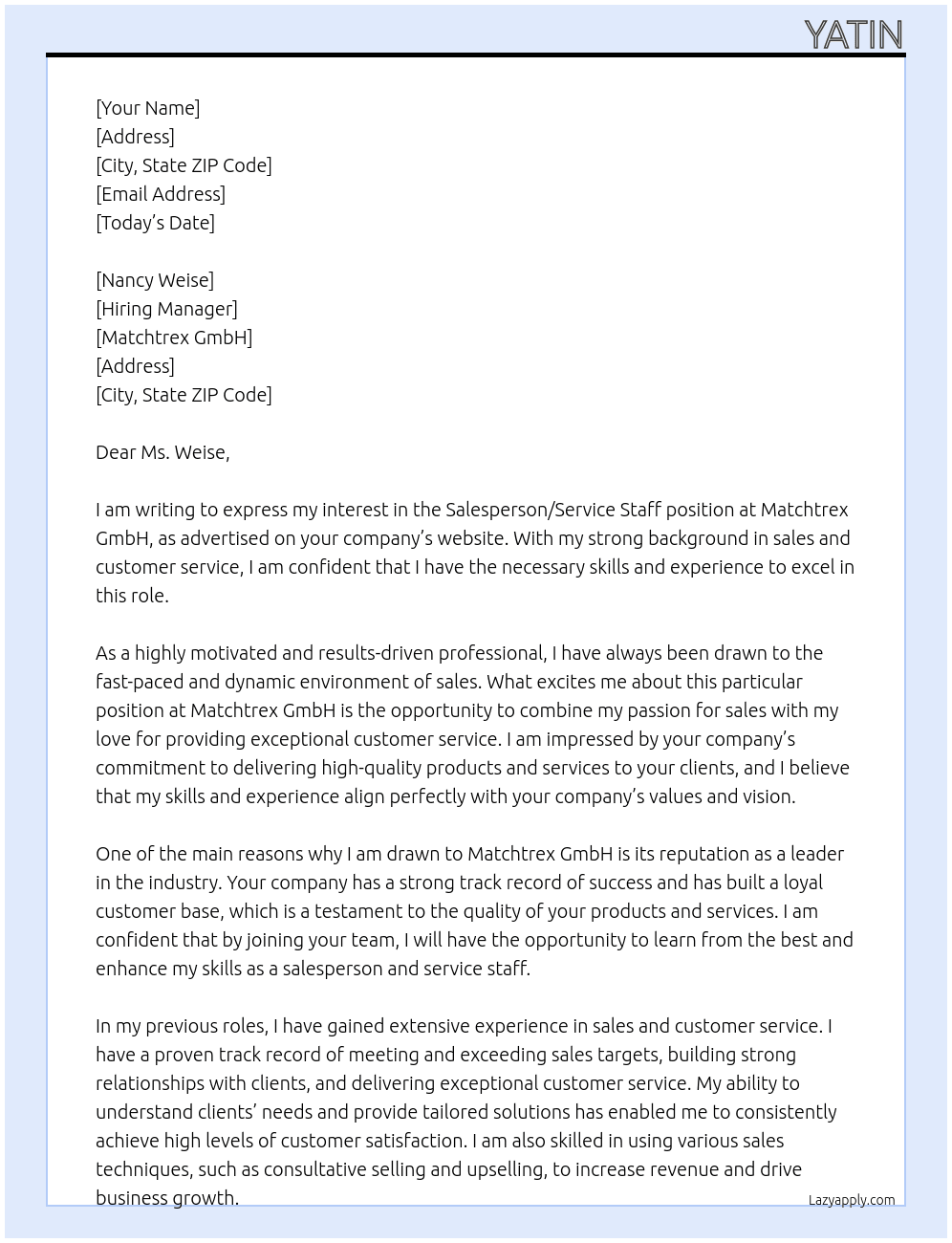 Salesperson / Service staff At Matchtrex GmbH Cover Letter