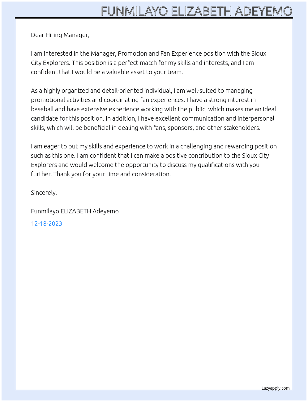 Manager, Promotion and Fan Experience  At Sioux City Explorers Cover Letter