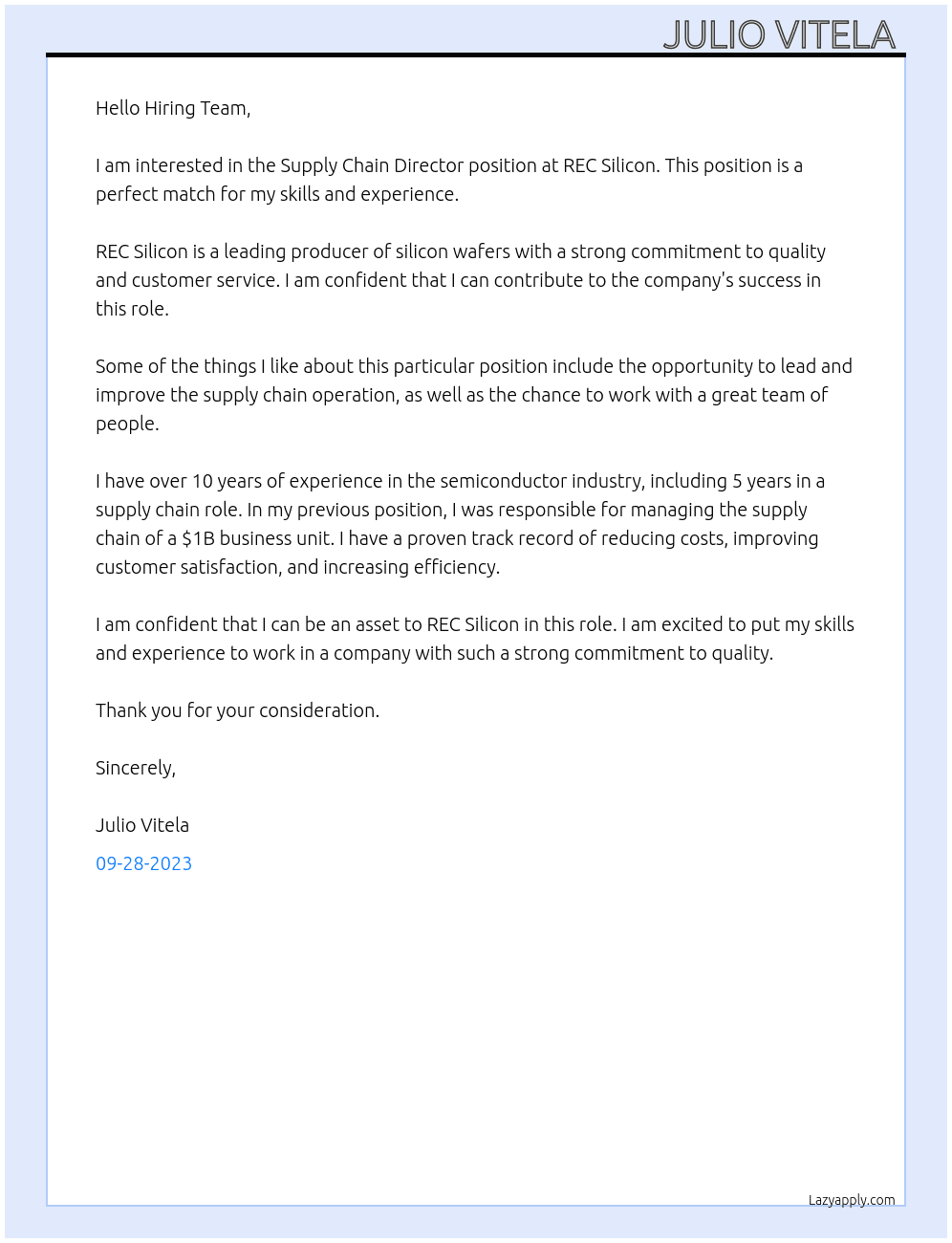 Supply Chain Director At REC Silicon Cover Letter