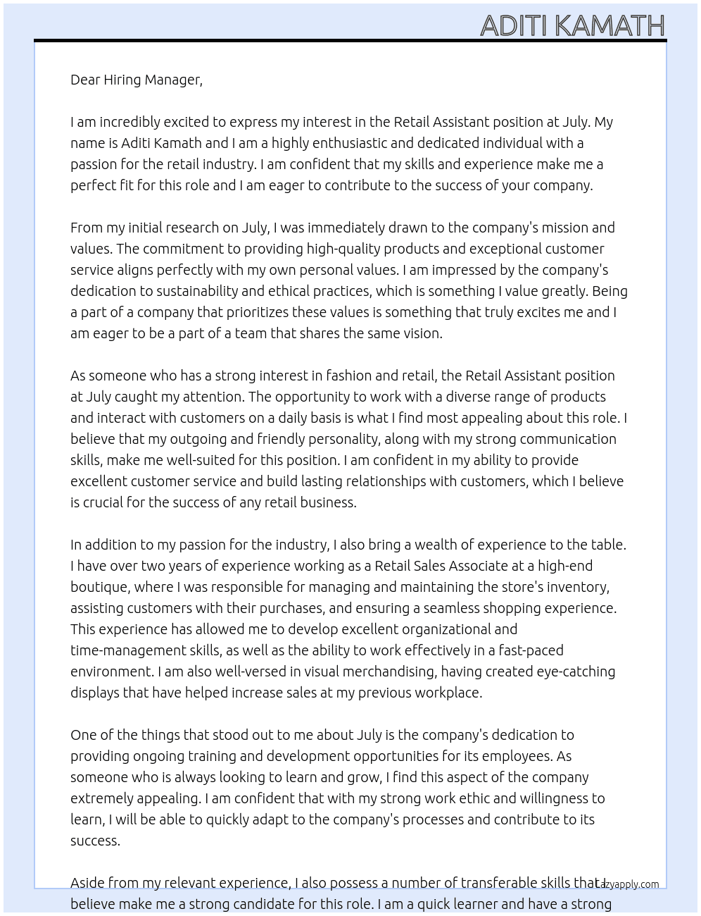 Retail Assistant At July Cover Letter