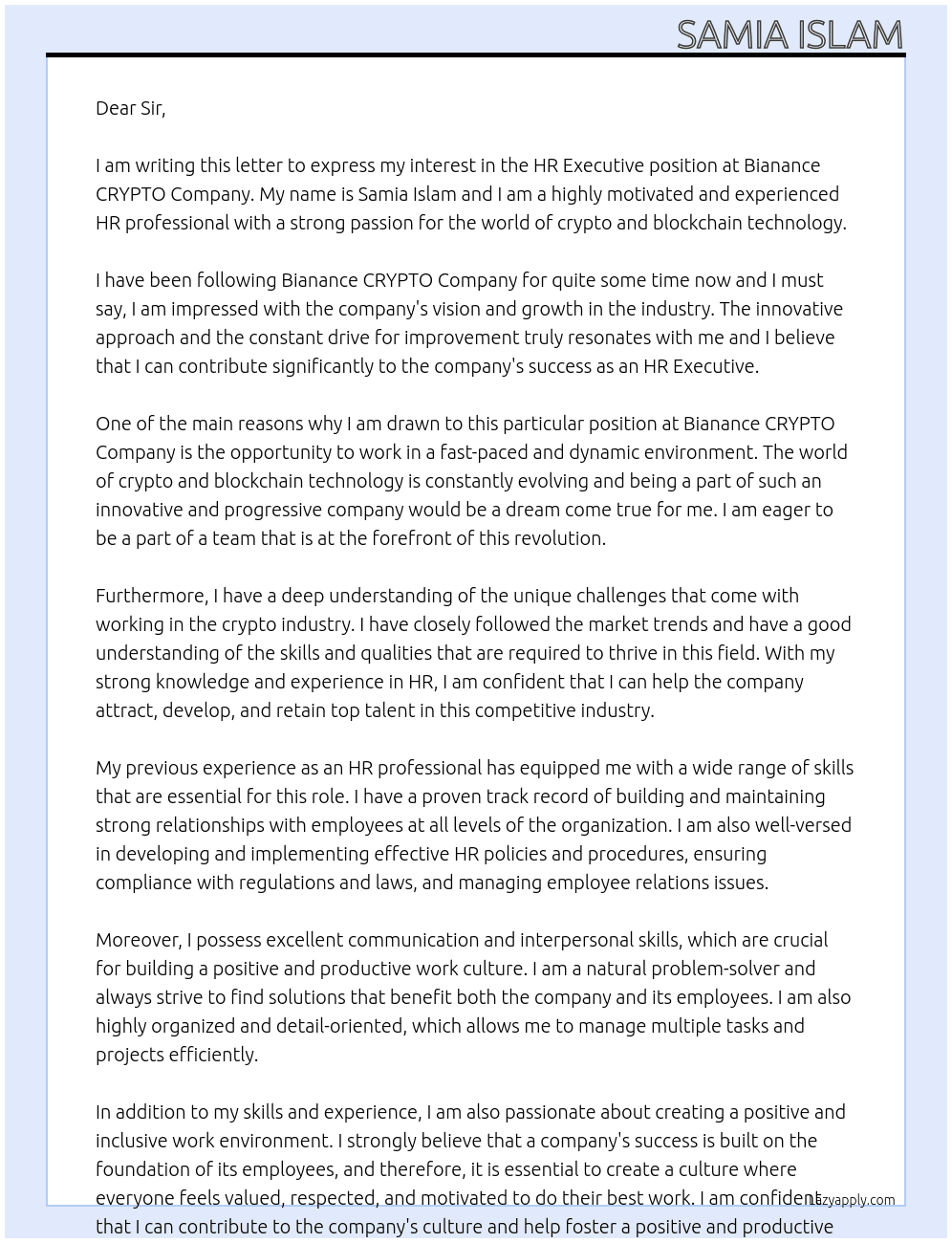  HR Executive At Bianance CRYPTO Company Cover Letter